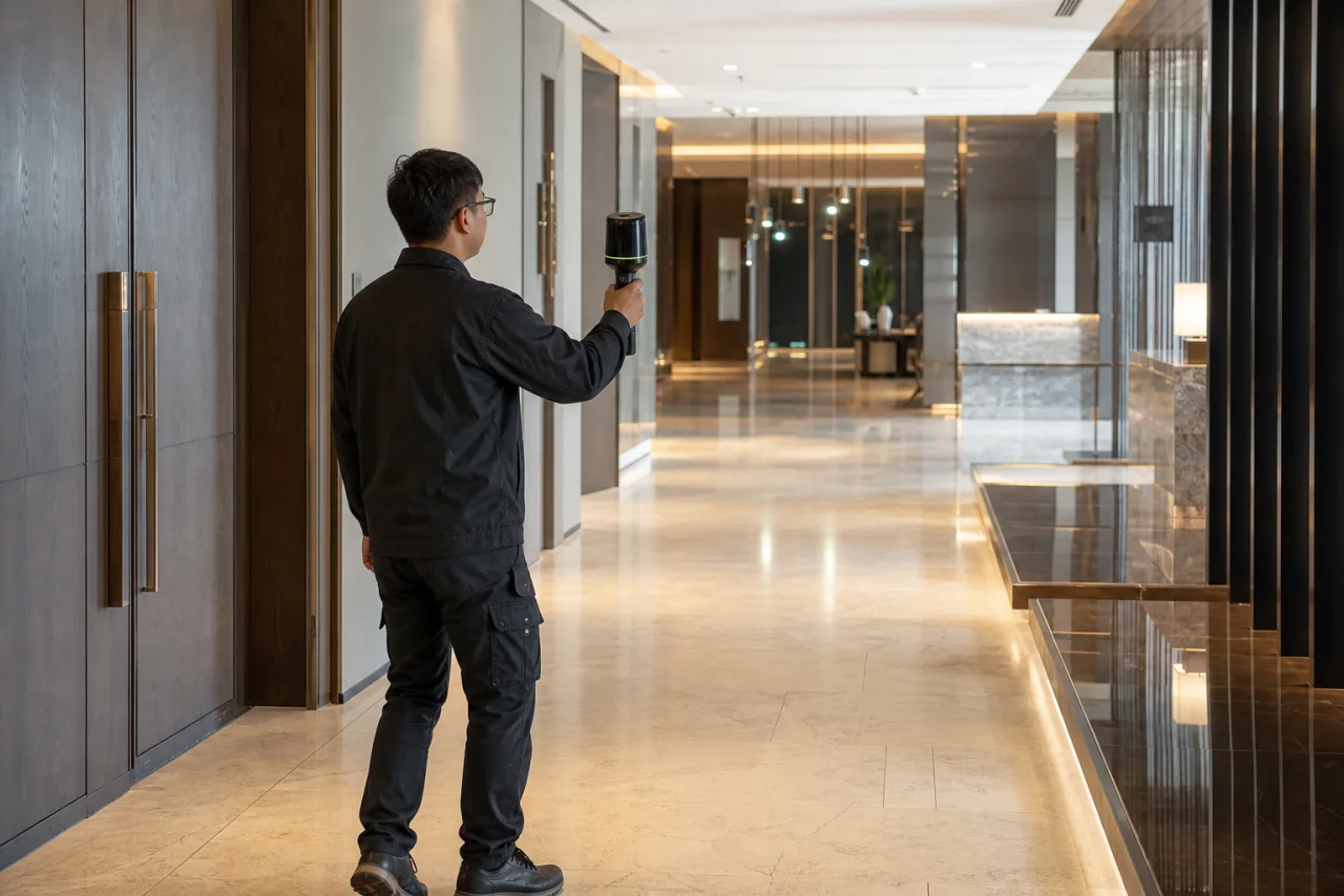 Concept image of a trained operator capturing a prepared commercial interior with a handheld mapping scanner.