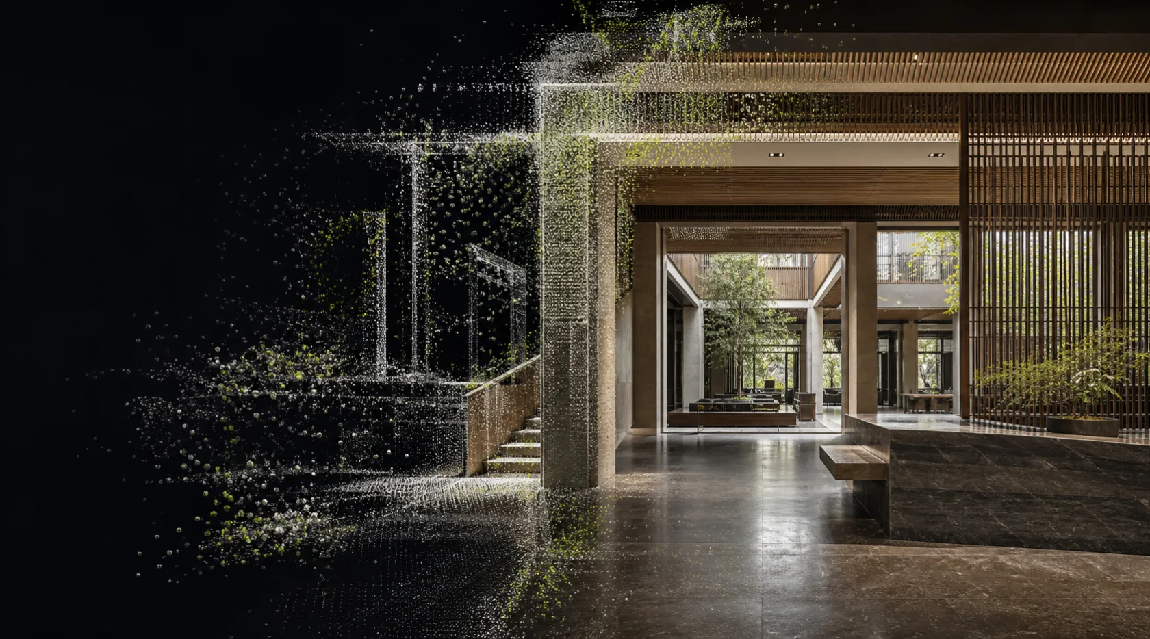 Concept visualization of an architectural interior transitioning into a Gaussian splat reconstruction.