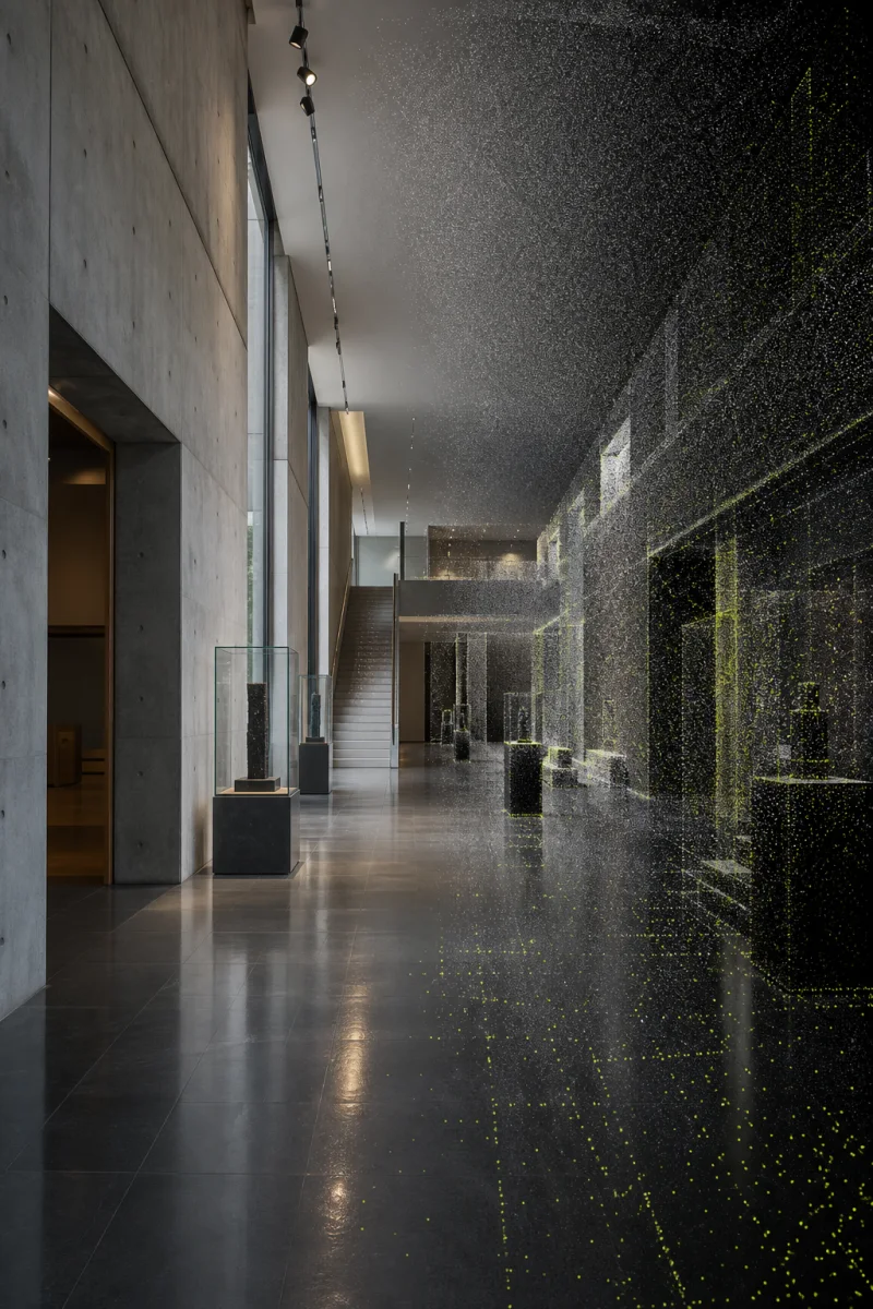 Concept visualization of a gallery blending into metric point-cloud and Gaussian-splat data.